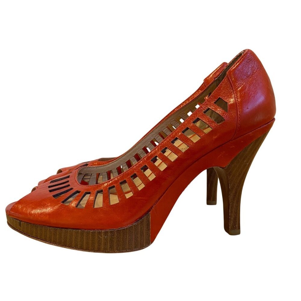 Modern Vintage Malory cherry pumps Orange Leather Cutout Peep Toe Heels size 38